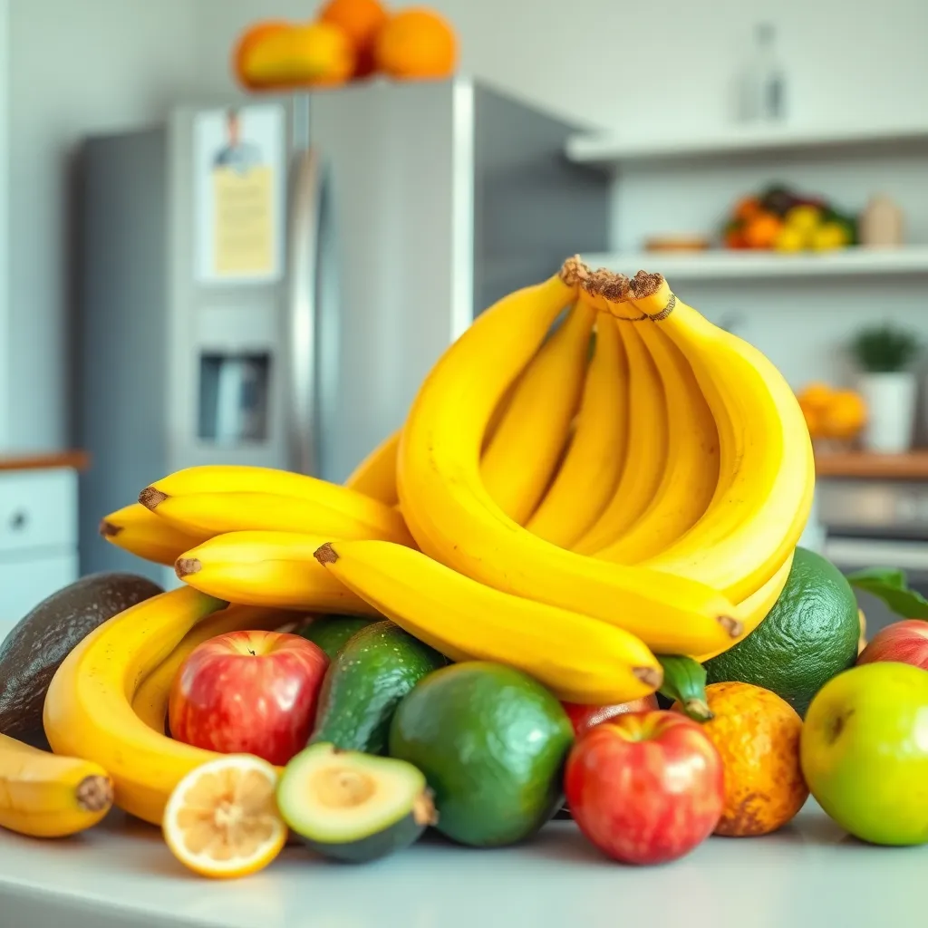 Φρέσκα φρούτα όπως μπανάνες, αβοκάντο και μήλα σε μια φωτεινή κουζίνα με στοιχεία αποθήκευσης, προβάλλοντας επιστημονικούς τρόπους για να αποφευχθεί το μαυρισμα τους.
