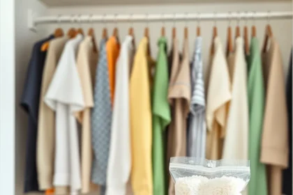 Εικόνα ντουλάπας με ρούχα και σακουλάκι ρυζιού για απορρόφηση υγρασίας.