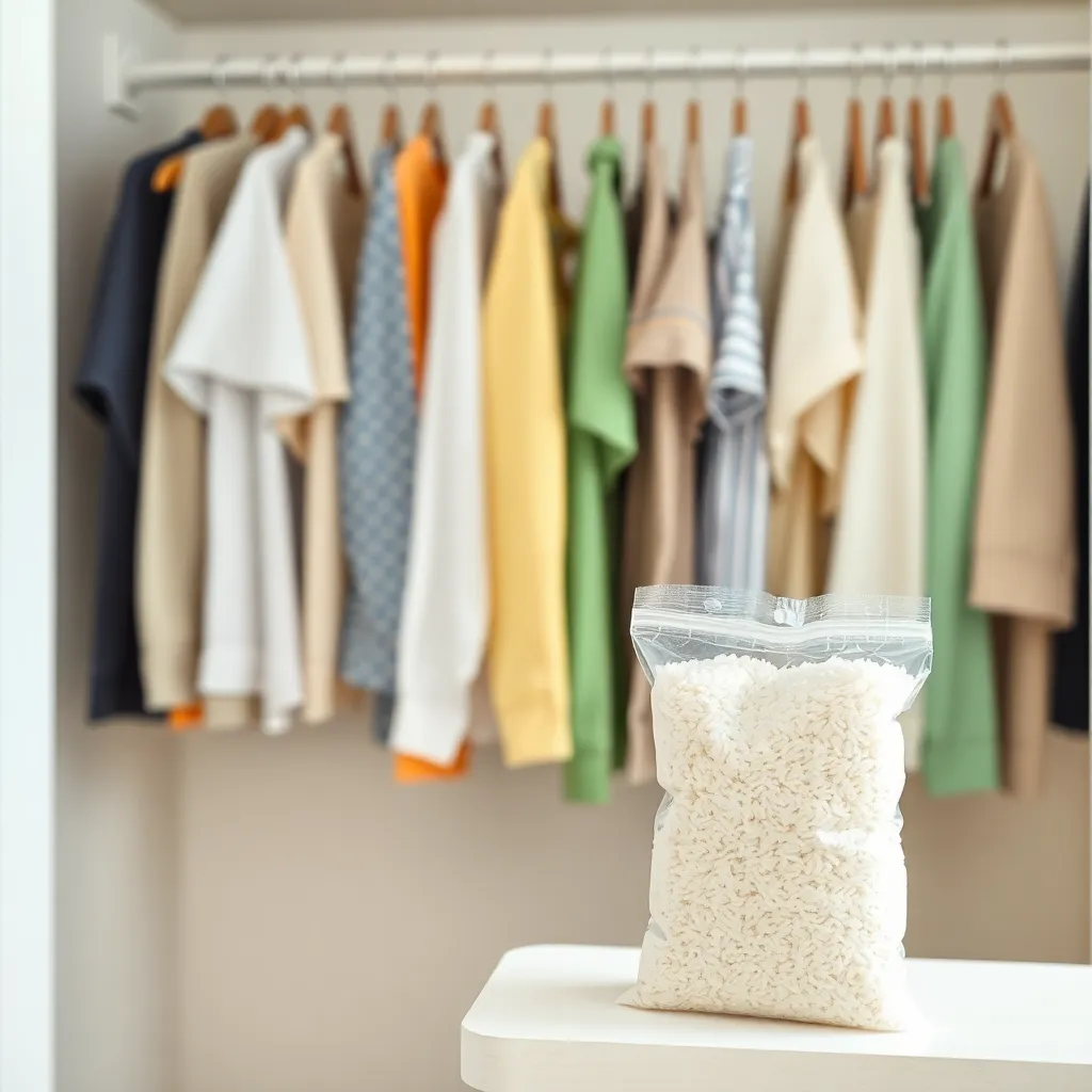 Εικόνα ντουλάπας με ρούχα και σακουλάκι ρυζιού για απορρόφηση υγρασίας.