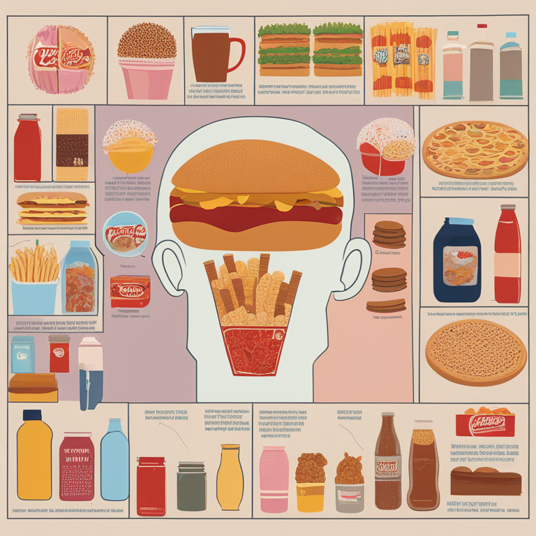 Τρώμε κατάθλιψη; Νέα μελέτη αποκαλύπτει την αλήθεια για τα επεξεργασμένα τρόφιμα 2 Μια απεικόνιση που δείχνει την ανησυχητική σχέση μεταξύ υπερ-επεξεργασμένων τροφίμων και ψυχικής υγείας, με επεξεργασμένα τρόφιμα και στοιχεία ψυχικής δυσφορίας.