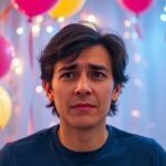 Ένα άτομο που εκφράζει φόβο και άγχος σε μια γιορτινή ατμόσφαιρα, τονίζοντας το θέμα της χαιροφοβίας.