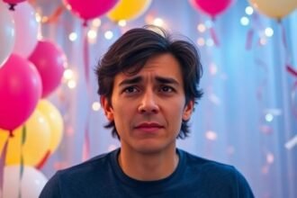 Ένα άτομο που εκφράζει φόβο και άγχος σε μια γιορτινή ατμόσφαιρα, τονίζοντας το θέμα της χαιροφοβίας.