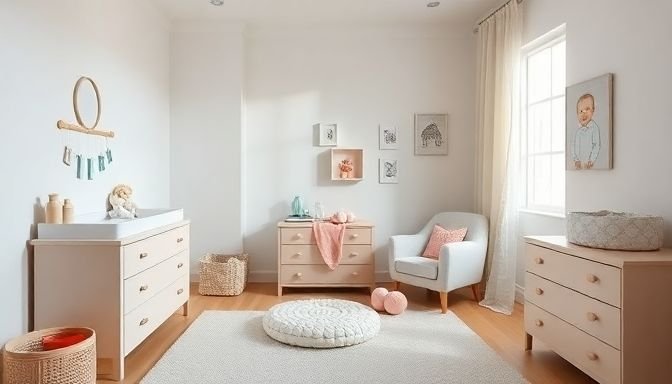 Λειτουργικό βρεφικό υπνοδωμάτιο με φωτεινές και άνετες γωνιές για γονείς και μωρό.