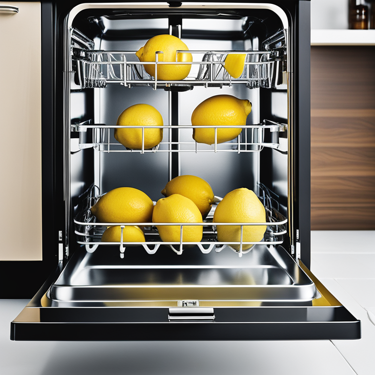 Εσωτερικό πλυντηρίου πιάτων με φέτες λεμονιού και φλιτζάνι λευκού ξιδιού, έτοιμο για καθαρισμό.