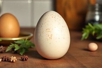 Αυγά γαλοπούλας σε ξύλινη επιφάνεια κουζίνας, περιτριγυρισμένα από φυσικά υλικά μαγειρικής.