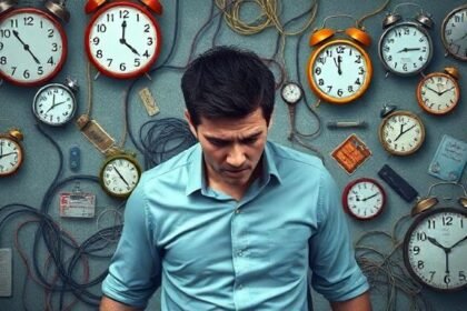 Ένα εικονογραφημένο σκηνικό που απεικονίζει τις επιπτώσεις του χρόνιου στρες στο σώμα, με στοιχεία καθημερινότητας και αγωνίας.