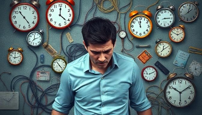 Ένα εικονογραφημένο σκηνικό που απεικονίζει τις επιπτώσεις του χρόνιου στρες στο σώμα, με στοιχεία καθημερινότητας και αγωνίας.