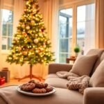 Μια ήρεμη χριστουγεννιάτικη σκηνή με στολισμένο δέντρο και cozy σαλόνι που αποπνέει ηρεμία και χαρά.