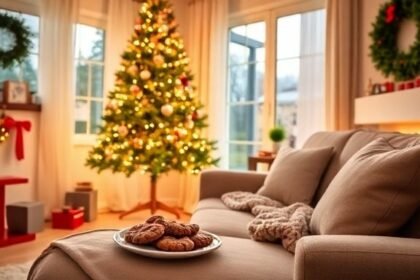 Μια ήρεμη χριστουγεννιάτικη σκηνή με στολισμένο δέντρο και cozy σαλόνι που αποπνέει ηρεμία και χαρά.