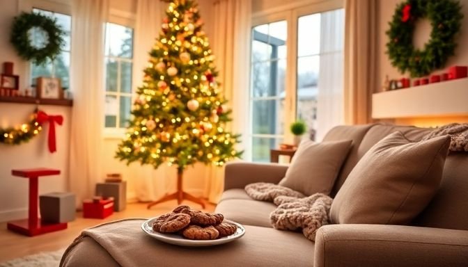 Μια ήρεμη χριστουγεννιάτικη σκηνή με στολισμένο δέντρο και cozy σαλόνι που αποπνέει ηρεμία και χαρά.