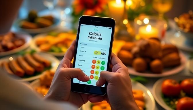 Άτομο που υπολογίζει θερμίδες με εφαρμογή σε γιορτινό περιβάλλον