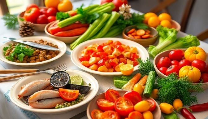 Ποικιλία νηστίσιμων τροφών για τα Χριστούγεννα, όπως θαλασσινά, λαχανικά και φρούτα σε ένα εορταστικό τραπέζι.