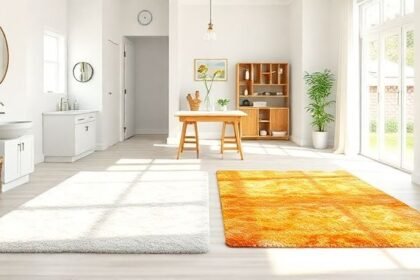 Καθαρά και φρέσκα χαλάκια σε μπάνιο, κουζίνα και χολ αναδεικνύουν τη διαφορά πριν και μετά τον καθαρισμό.