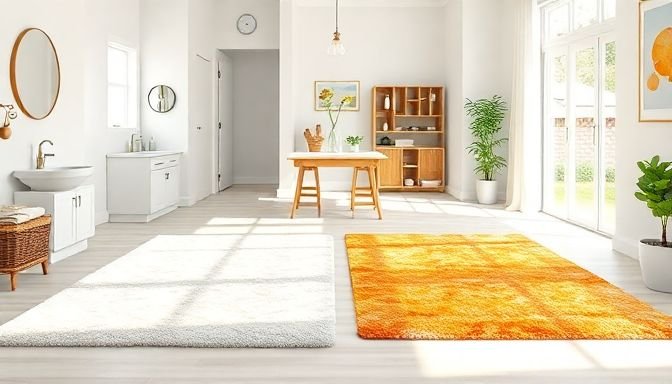 Καθαρά και φρέσκα χαλάκια σε μπάνιο, κουζίνα και χολ αναδεικνύουν τη διαφορά πριν και μετά τον καθαρισμό.