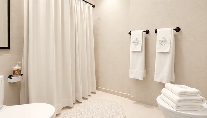 Μπάνιο με όμορφη υφασμάτινη κουρτίνα, ομοιόμορφες πετσέτες, διακοσμητικό σαπούνι και στυλάτο χαλάκι.