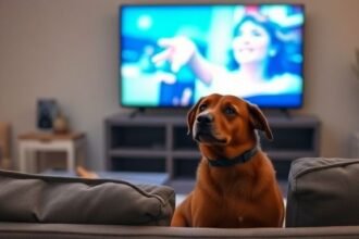 Ένας σκύλος παρακολουθεί τηλεόραση στον καναπέ, σηματοδοτώντας τη ρεαλιστική εμπειρία των σκύλων με τηλεοπτικό περιεχόμενο.