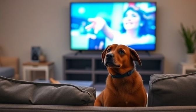 Ένας σκύλος παρακολουθεί τηλεόραση στον καναπέ, σηματοδοτώντας τη ρεαλιστική εμπειρία των σκύλων με τηλεοπτικό περιεχόμενο.