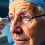 Κοντινό πλάνο ηλικιωμένου ατόμου που υποβάλλεται σε επέμβαση καταρράκτη, αναδεικνύοντας την ιατρική διαδικασία και τη σημασία της οφθαλμολογικής φροντίδας για την εγκεφαλική υγεία.