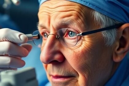 Κοντινό πλάνο ηλικιωμένου ατόμου που υποβάλλεται σε επέμβαση καταρράκτη, αναδεικνύοντας την ιατρική διαδικασία και τη σημασία της οφθαλμολογικής φροντίδας για την εγκεφαλική υγεία.