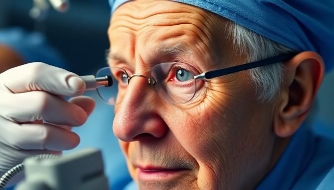 Κοντινό πλάνο ηλικιωμένου ατόμου που υποβάλλεται σε επέμβαση καταρράκτη, αναδεικνύοντας την ιατρική διαδικασία και τη σημασία της οφθαλμολογικής φροντίδας για την εγκεφαλική υγεία.