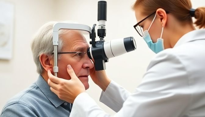 Επαγγελματίας υγείας εξετάζει τα μάτια ηλικιωμένου