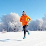 Ένας δρομέας ντυμένος ζεστά τρέχει έξω σε χιονισμένο τοπίο, απολαμβάνοντας την αίσθηση του τρεξίματος στο κρύο.