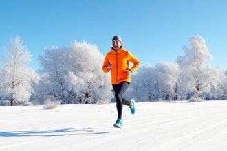 Ένας δρομέας ντυμένος ζεστά τρέχει έξω σε χιονισμένο τοπίο, απολαμβάνοντας την αίσθηση του τρεξίματος στο κρύο.