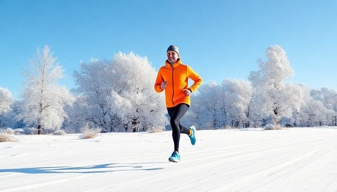 Ένας δρομέας ντυμένος ζεστά τρέχει έξω σε χιονισμένο τοπίο, απολαμβάνοντας την αίσθηση του τρεξίματος στο κρύο.