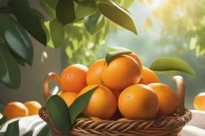 Φρέσκα πορτοκάλια σε ένα καλάθι με φύλλα στο φυσικό φως.