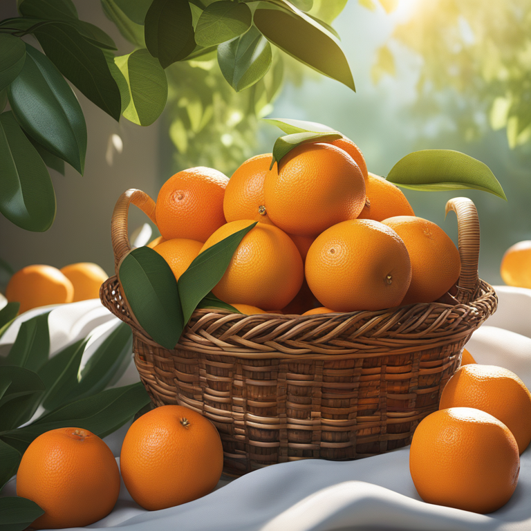 Φρέσκα πορτοκάλια σε ένα καλάθι με φύλλα στο φυσικό φως.