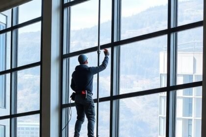 Ένα άτομο καθαρίζει παράθυρα σε ψηλό όροφο με τη χρήση τηλεσκοπικού κονταριού και καινοτόμων συσκευών καθαρισμού.