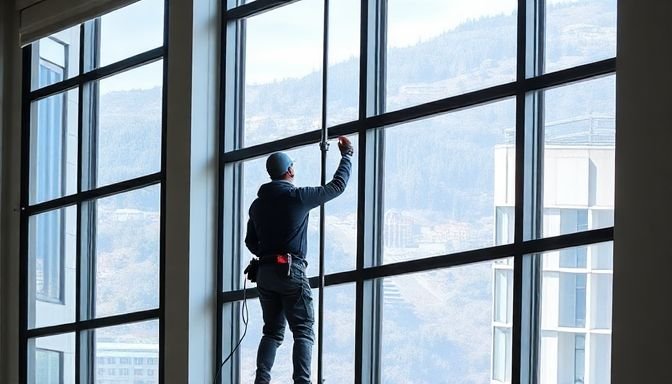 Ένα άτομο καθαρίζει παράθυρα σε ψηλό όροφο με τη χρήση τηλεσκοπικού κονταριού και καινοτόμων συσκευών καθαρισμού.