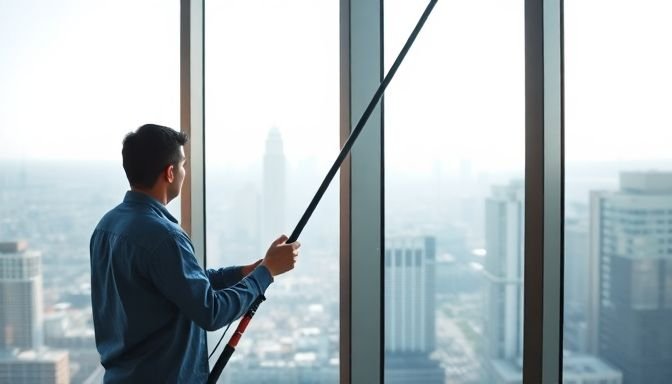 Πώς να Καθαρίσετε Παράθυρα σε Ψηλούς Ορόφους με Ασφάλεια και Ευκολία 2 Άτομο καθαρίζει παράθυρα σε ψηλό όροφο