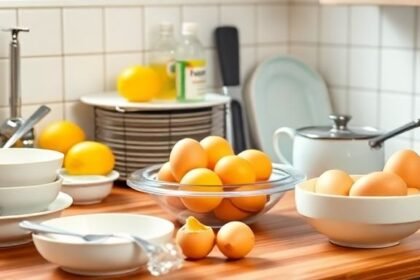 Μια καθαρή κουζίνα με σκεύη που έχουν χρησιμοποιηθεί για μαγείρεμα αυγών και φυσικά υλικά καθαρισμού όπως λεμόνι και ξύδι.