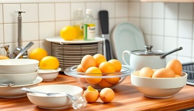 Μια καθαρή κουζίνα με σκεύη που έχουν χρησιμοποιηθεί για μαγείρεμα αυγών και φυσικά υλικά καθαρισμού όπως λεμόνι και ξύδι.
