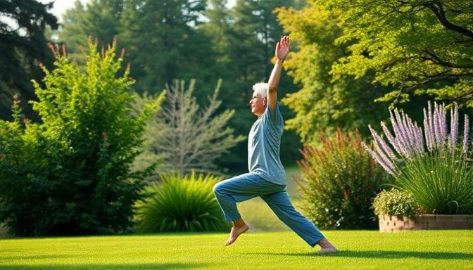 Ένας ηλικιωμένος άνθρωπος κάνει γιόγκα σε φυσικό τοπίο