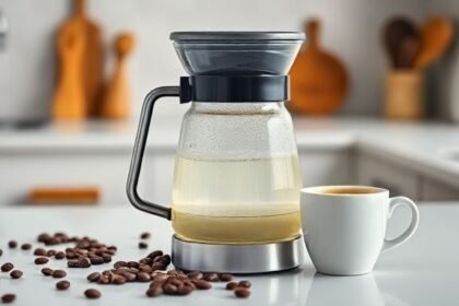 Μια καθαρή καφετιέρα με διάλυμα λευκού ξυδιού και φρεσκοψημένος καφές.