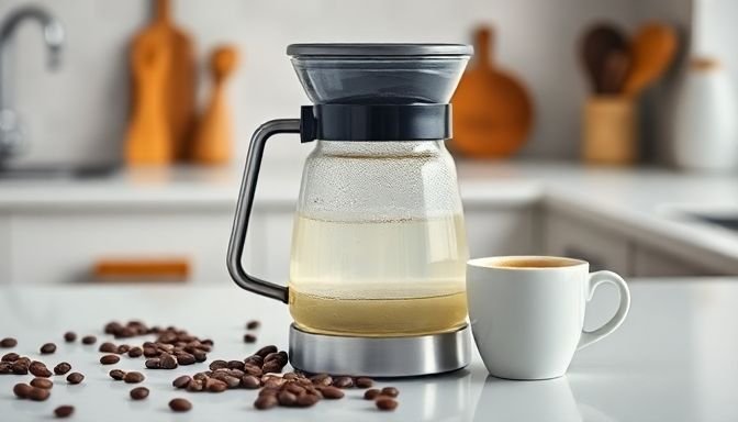 Μια καθαρή καφετιέρα με διάλυμα λευκού ξυδιού και φρεσκοψημένος καφές.