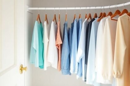 Καθαρή και οργανωμένη ντουλάπα με φυσικό φως και χρησιμοποιημένα φακελάκια τσαγιού για την εξάλειψη της υγρασίας.