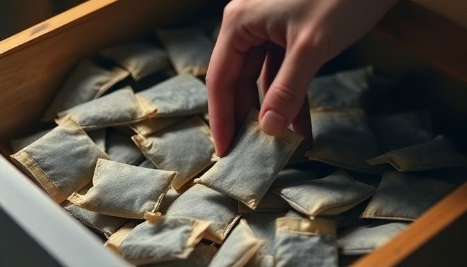 Το απλό κόλπο για ντουλάπες χωρίς υγρασία και άσχημες μυρωδιές 3 Κοντινό πλάνο ενός χεριού που τοποθετεί φακελάκια τσαγιού σε συρτάρι