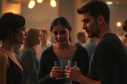 Ένας άνθρωπος σε κοινωνική εκδήλωση με εκφράσεις που δείχνουν ζήλια, οι αλληλεπιδράσεις αποπνέουν ένταση.