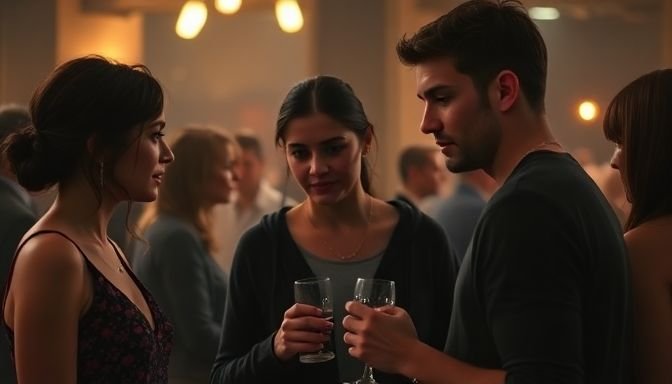 Ένας άνθρωπος σε κοινωνική εκδήλωση με εκφράσεις που δείχνουν ζήλια, οι αλληλεπιδράσεις αποπνέουν ένταση.