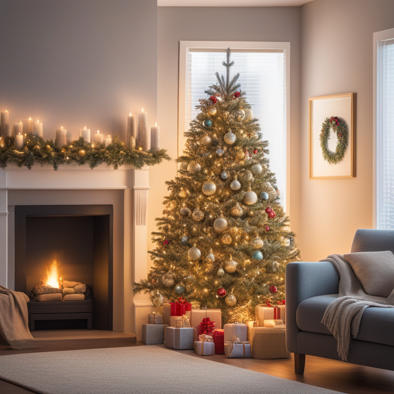 Ένα καλοδιακοσμημένο χριστουγεννιάτικο δέντρο με ζεστά λευκά φώτα και εορταστικά στολίδια.