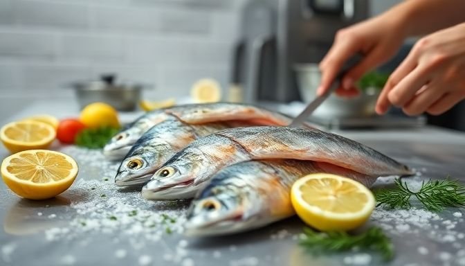 Φρέσκα ψάρια που ετοιμάζονται σε καθαρή κουζίνα με φρέσκα υλικά.
