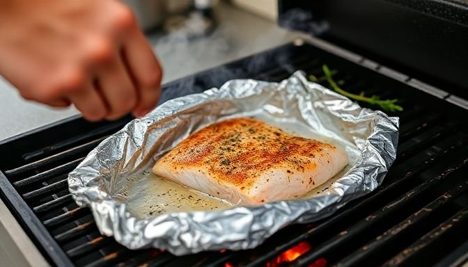 Άτομο τοποθετεί καρυκευμένο ψάρι στη σχάρα