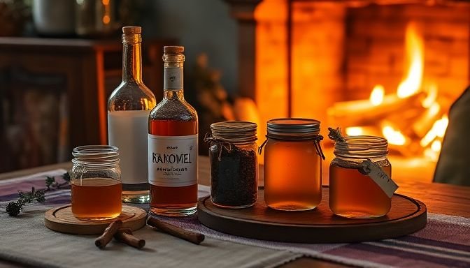 Σπιτικό ρακόμελο βήμα-βήμα – Μικρές λεπτομέρειες που κάνουν τη διαφορά 2 Traditionally arranged ingredients for homemade rakomelo by the fireplace