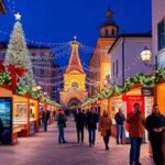 Γιορτινή ατμόσφαιρα σε ελληνικές πόλεις κατά τη διάρκεια των Χριστουγέννων με φωτάκια, στολίδια και κόσμο που γιορτάζει.