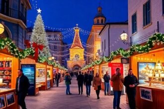 Γιορτινή ατμόσφαιρα σε ελληνικές πόλεις κατά τη διάρκεια των Χριστουγέννων με φωτάκια, στολίδια και κόσμο που γιορτάζει.