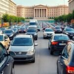 Κίνηση στους δρόμους της Αθήνας με μποτιλιάρισμα και αυξανόμενη συμφόρηση.