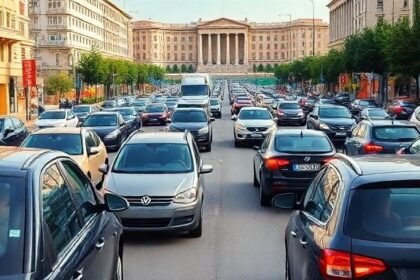 Κίνηση στους δρόμους της Αθήνας με μποτιλιάρισμα και αυξανόμενη συμφόρηση.